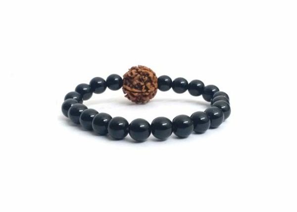 Panchmukhi 5 Mukhi rudraksha & Black Onyx 10 mm Stretch Bracelet - Image 2