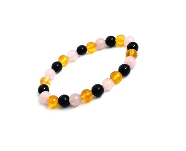 Real Citrine,Rose Quartz &Black Onyx 8 mm Stretch Bracelet