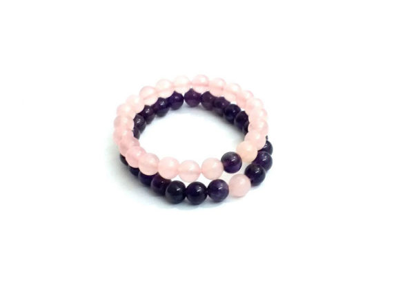 Set of Rose Quartz & Amethyst 8 Mm Stretch Bracelets