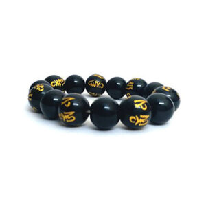 Black Onyx Om Mani Padme Hum Carved Stretch Bracelet 14 Mm Tibetan Charm Bracelet Reiki Healing 