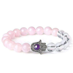 Natural Rose Quartz & Clear Quartz Crystal Hamsa Hand Stretch Bracelet For Men & Women