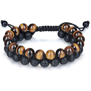 Natural Tiger Eye & Lava Volcanic Crystal Double Layer Adjustable Bracelet For Men And Women