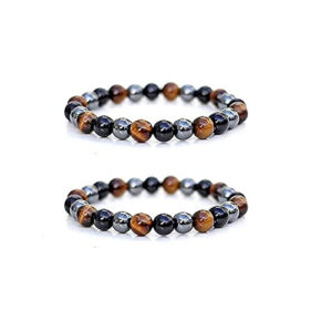 Pair Of 2 Tiger's Eye Black Obsidian Hematite Triple Protection Crystal Bracelet For Men And Women