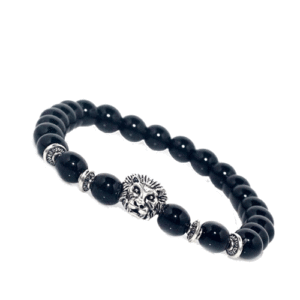 Natural Black Tourmaline Crystal With Lion Leo Sign Simha Rashi Metal Charm Bracelet For Men And Women