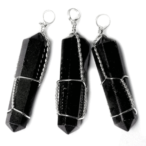 Set Of 3 Natural Black Tourmaline Double Terminated Wire Wraped Pencil Crystal Pendant For Men And Women