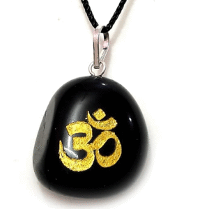 Natural Black Tourmaline Crystal Aum Om Symbol Engraved Tumbled Shaped Pendant