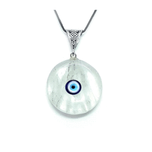 Natural Clear Quartz Disk Shaped Evil Eye Lucky Charm Pendant