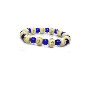 Shri Radhe Radhe Engraved D Blue Crystal Wooden Charm Bracelet