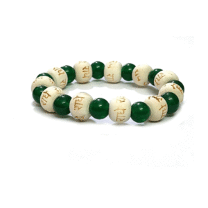 Shri Radhe Radhe Engraved D Green Crystal Wooden Charm Bracelet