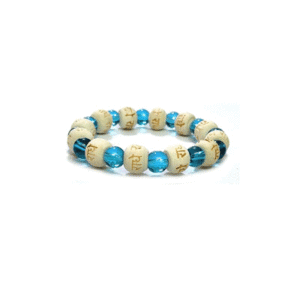 Shri Radhe Radhe Engraved Blue Crystal Wooden Charm Bracelet