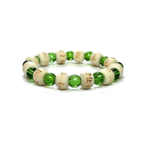 Shri Radhe Radhe Engraved Green Crystal Wooden Charm Bracelet