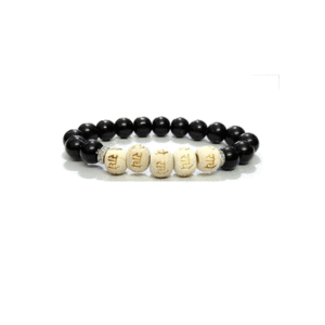 Shri Radhe Radhe Engraved Black Crystal Wooden Charm Bracelet