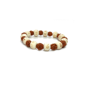 Shri Radhe Radhe Engraved Rudraksha Wooden Charm Bracelet