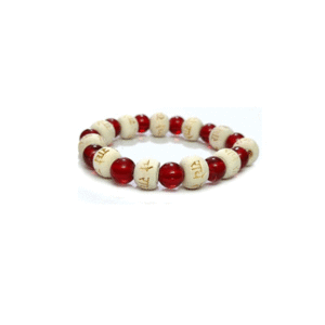 Shri Radhe Radhe Engraved Red Crystal Wooden Charm Bracelet