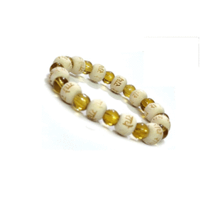 Shri Radhe Radhe Engraved Yellow Crystal Wooden Charm Bracelet