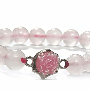 Natural Rose Quartz And Rose Flower Charm Bracelet