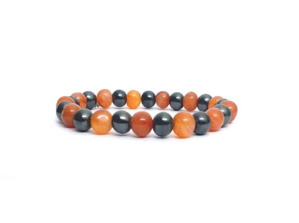 Carnelian Crystal and Magnetic Hematite 8 mm Stretch Bracelet