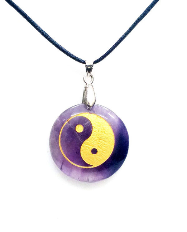 Amethyst Crystal Purple Yin Yang Symbol Engraved Pendant - Image 2