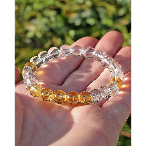 Real Citrine And Clear Quartz Crystals Stretch 8 Mm Bracelet For Men And Women