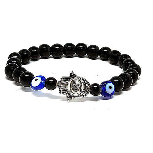 Harman - 6mm - Black Lava Stone Beaded Stretchy Bracelet with Silver Hamsa  Hand