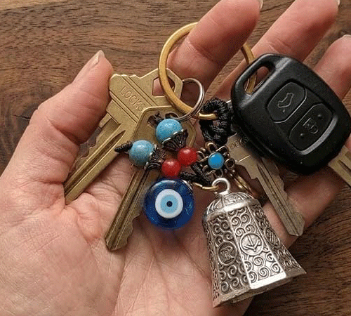 Feng Shui Tibetan Auspicious Bell With Lucky Mistic Knot And Evil Eye Charm Crystal key Chain Key Ring - Image 2