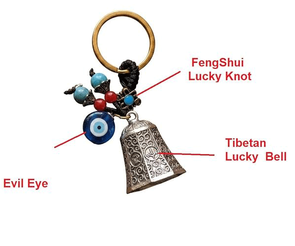 Feng Shui Tibetan Auspicious Bell With Lucky Mistic Knot And Evil Eye Charm Crystal key Chain Key Ring - Image 3