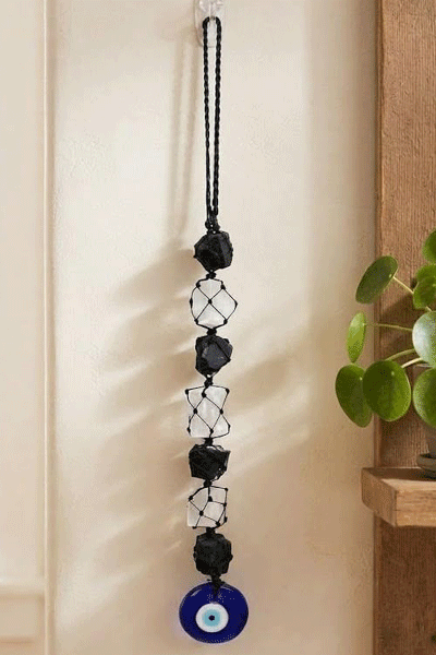 Evil Eye with Selenite and Black Tourmaline Raw Rough Crystals Hanging Amulet for Your Car and Home