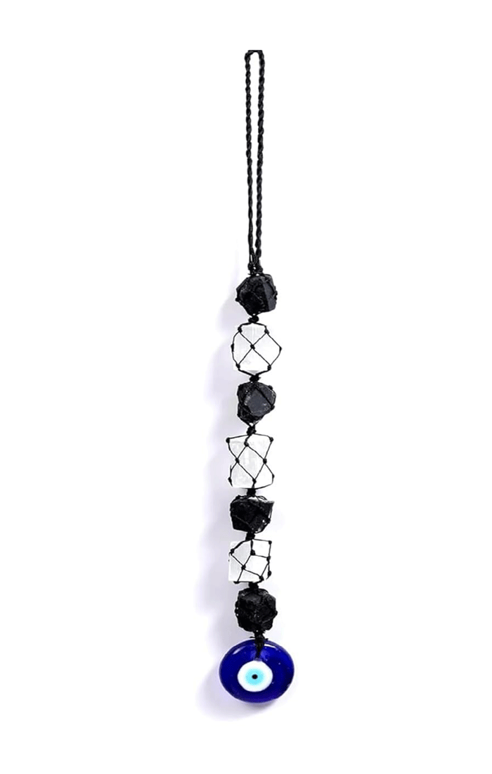 Evil Eye with Selenite and Black Tourmaline Raw Rough Crystals Hanging Amulet for Your Car and Home - Image 2